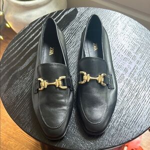 Zara Black Leather Loafers with Gold Hardware